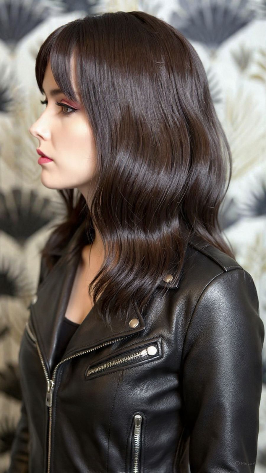 Modelo Salamanca — Long bob liso em castanho escuro com franja. Sofisticação jovem.